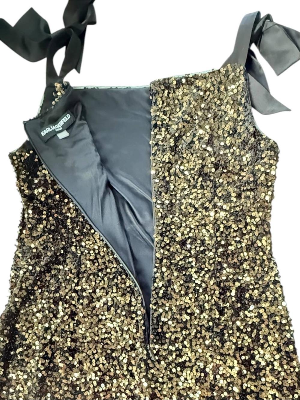 Karl Lagerfeld Paris Women's Sequin Mini Dress Black Gold Tie Strap Sz 12 NWT - Picture 10 of 12